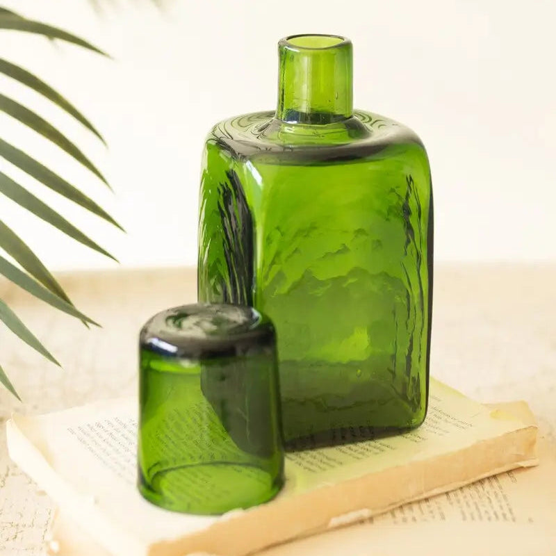 Green Recycled Glass Bedside Water Carafe & Drinking Glass