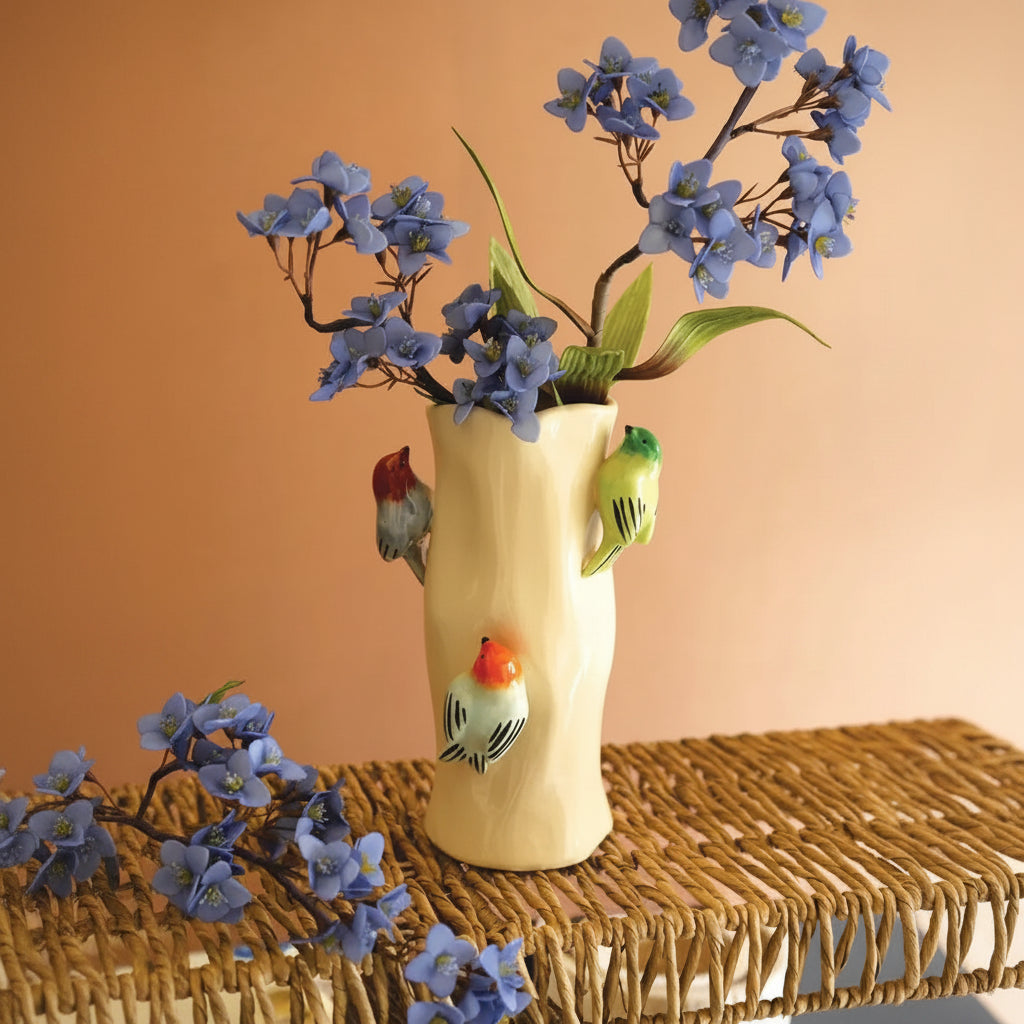Ceramic Colorful Birds Log Vase