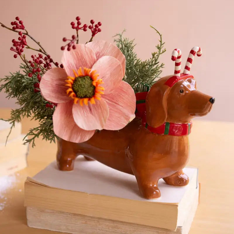 Ceramic Candy Cane Headband Dachshund Planter
