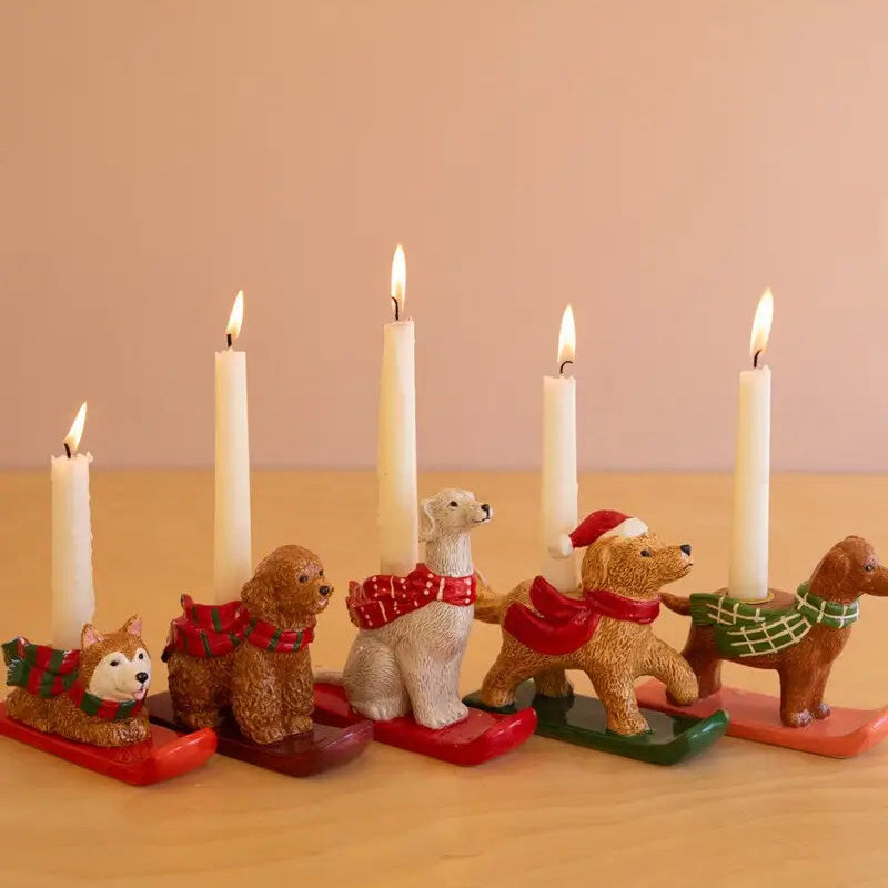 Ceramic Christmas Dog Taper Candle Holder Set