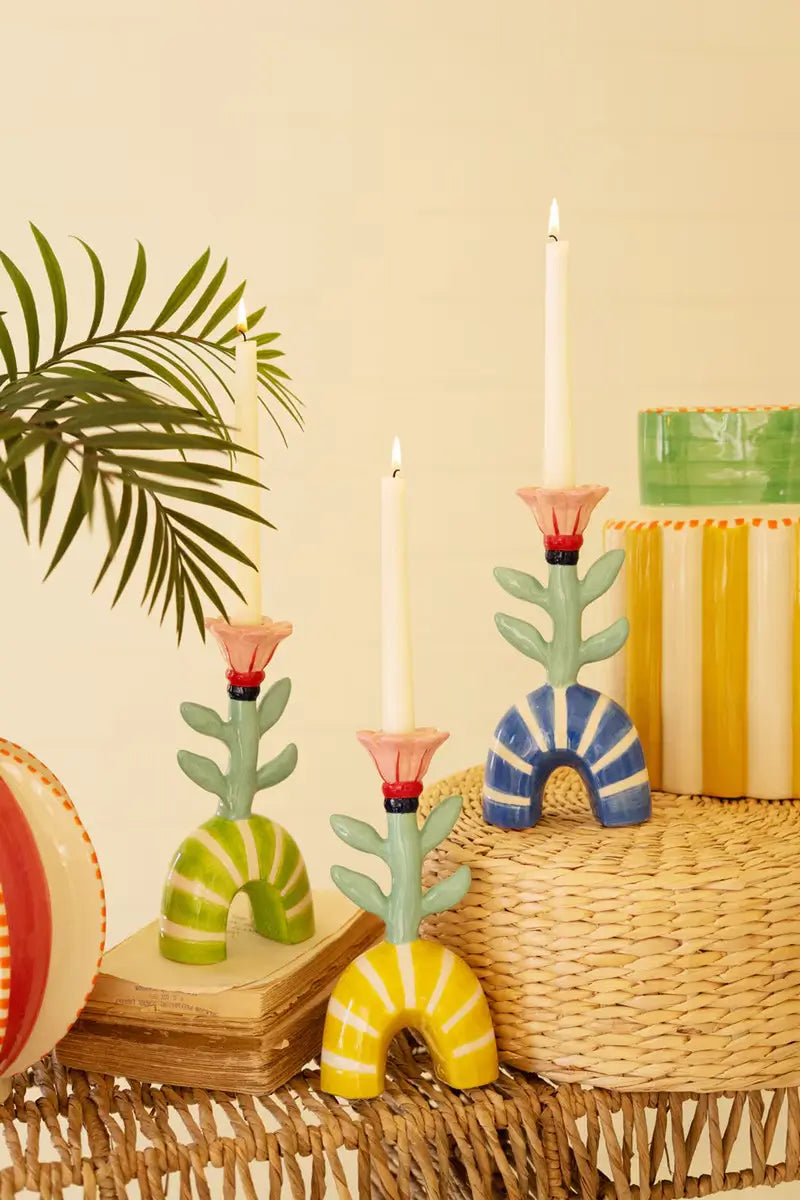 Ceramic Flower Taper Candle Holder Set