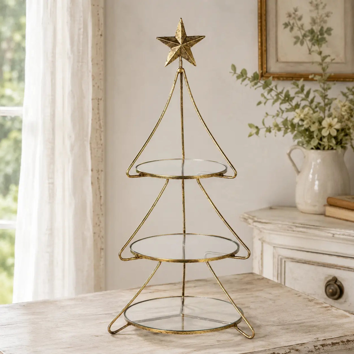 Metal Glass Shelves Tree Shape Stand Set