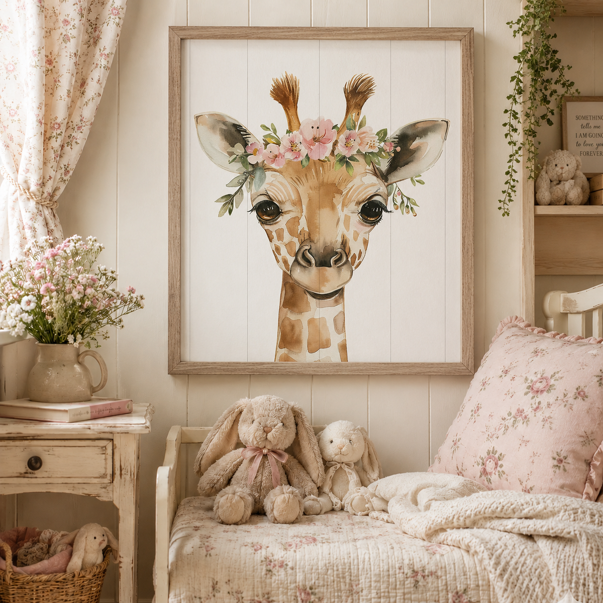 Nursery Floral Giraffe Wood Framed Print