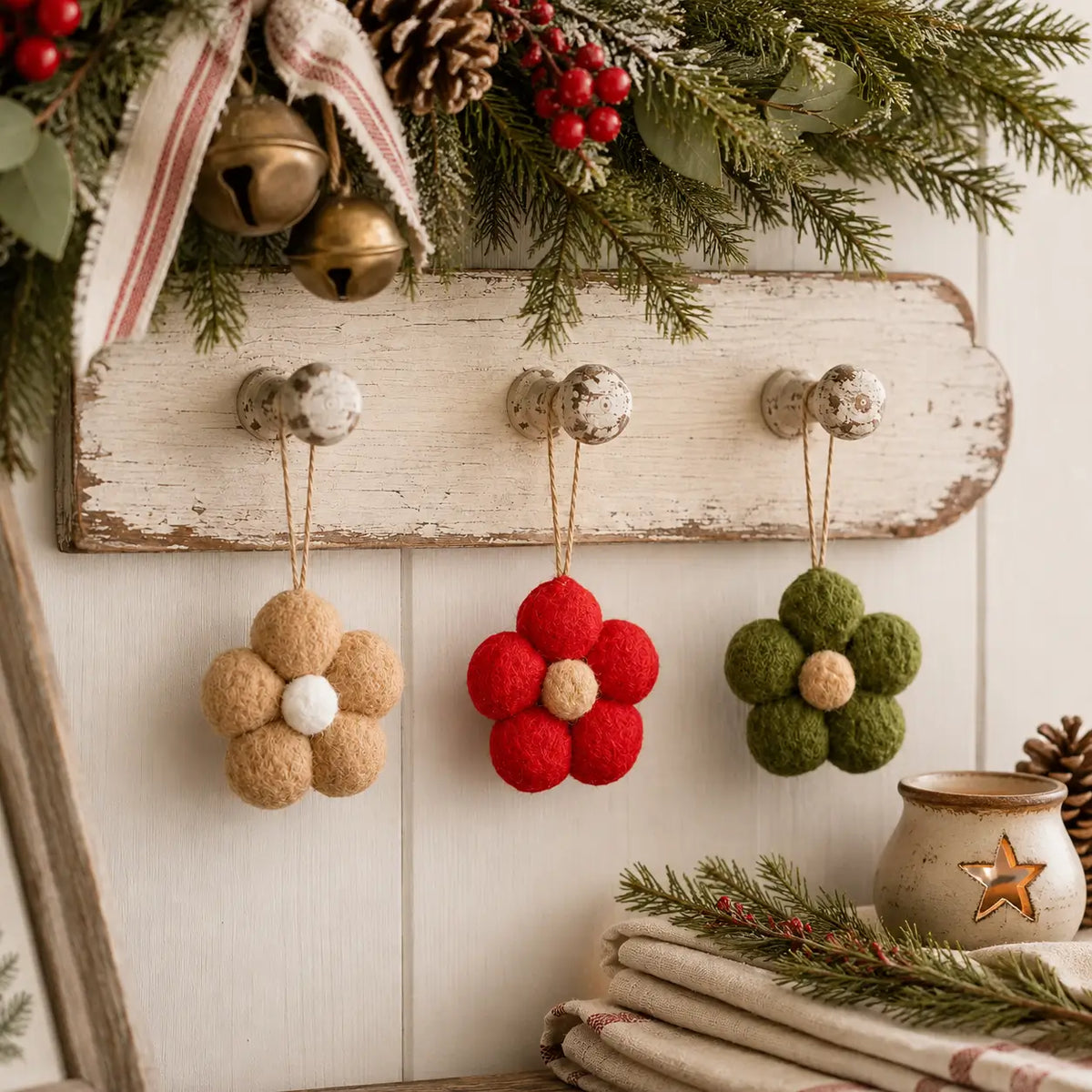 Fabric Pom Pom Flower Ornament Set