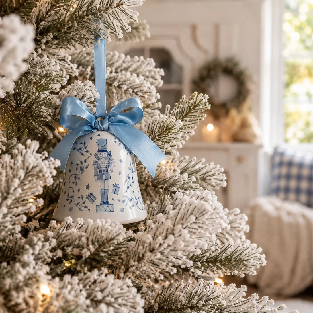 Ceramic Blue & White Nutcracker Bell Ornament