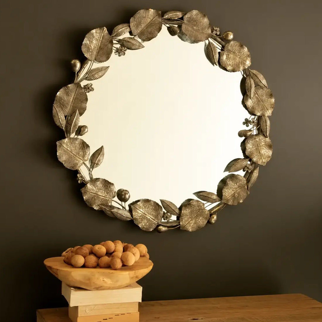 Round Metal Leaf & Fruit Framed Mirror