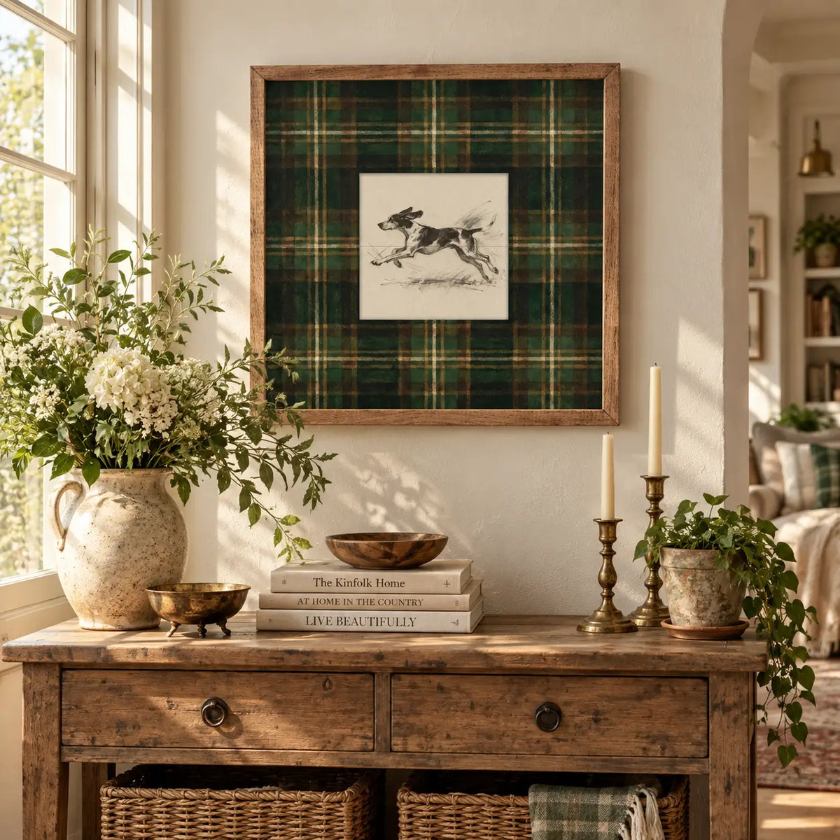 Vintage Running Coonhound Tartan Study Print Wood Framed Print