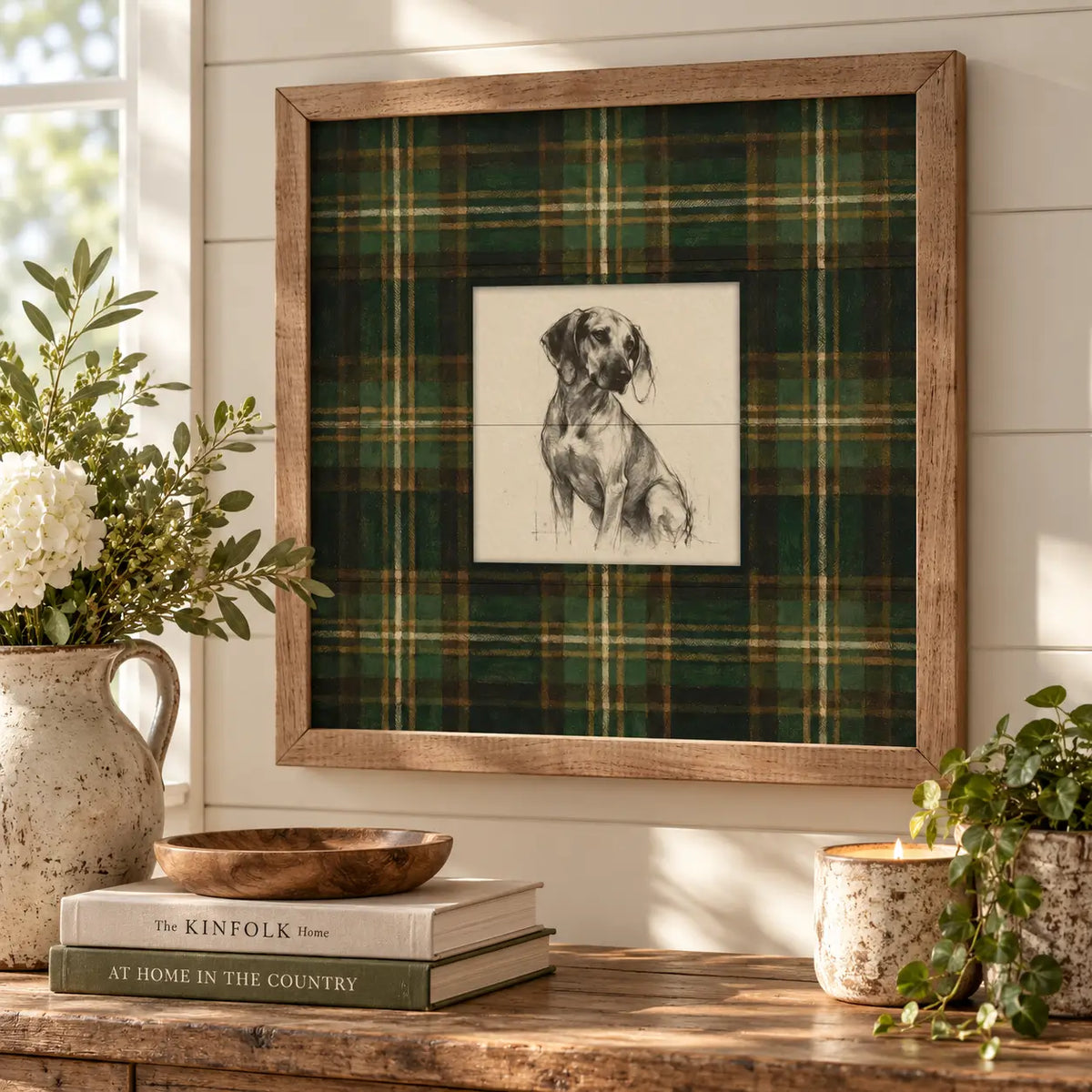Vintage Portrait Coonhound Tartan Study Wood Framed Print