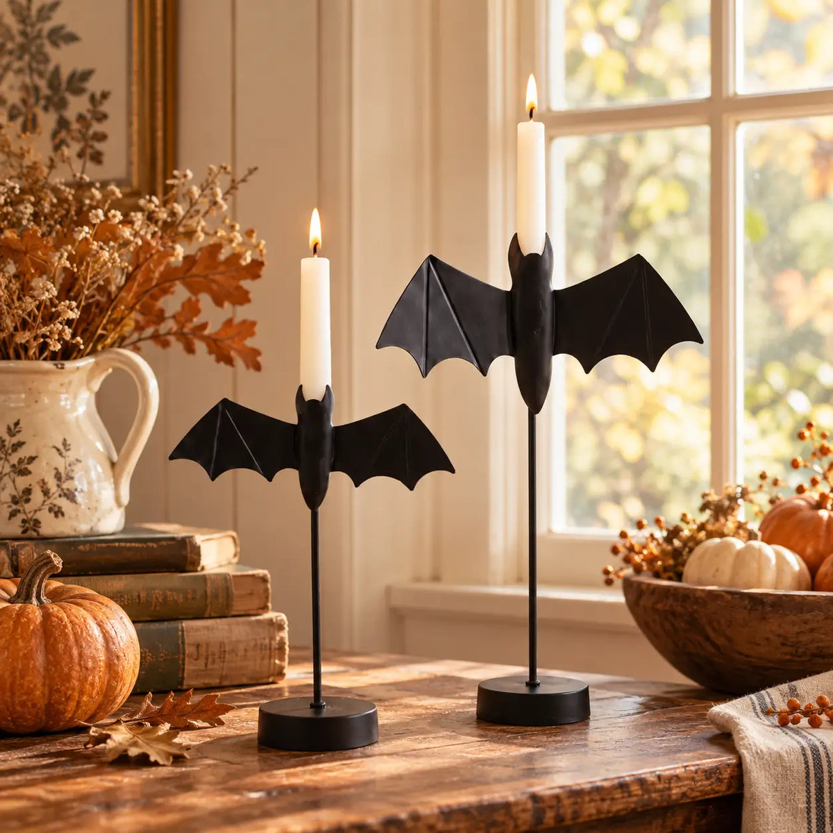 Black Bat Taper Candle Holder Set