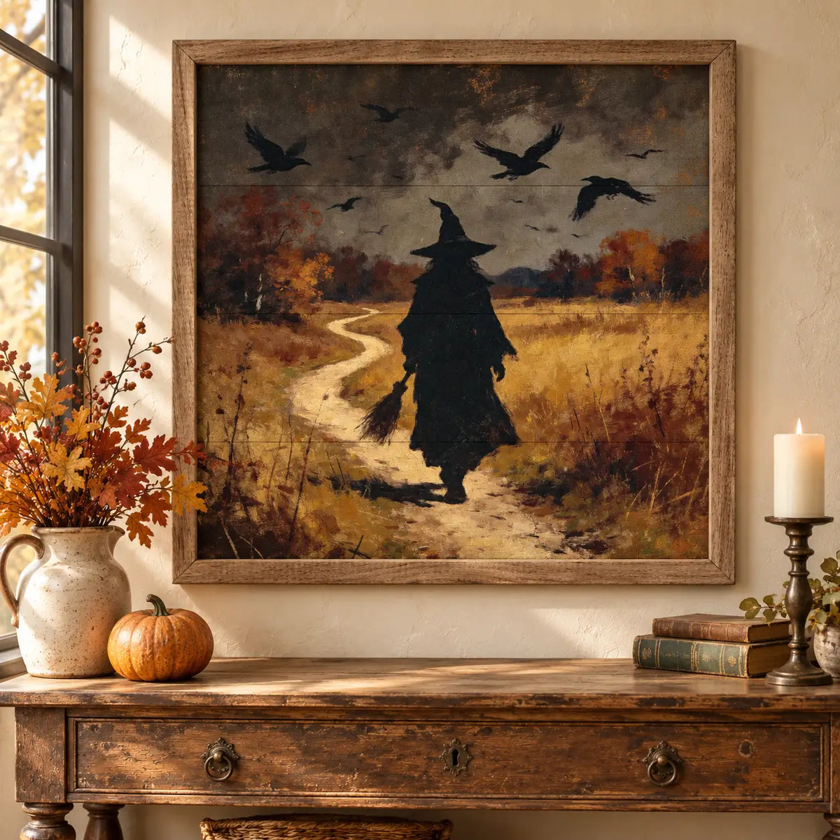 Witch Walking Alongside Bats Wood Framed Print