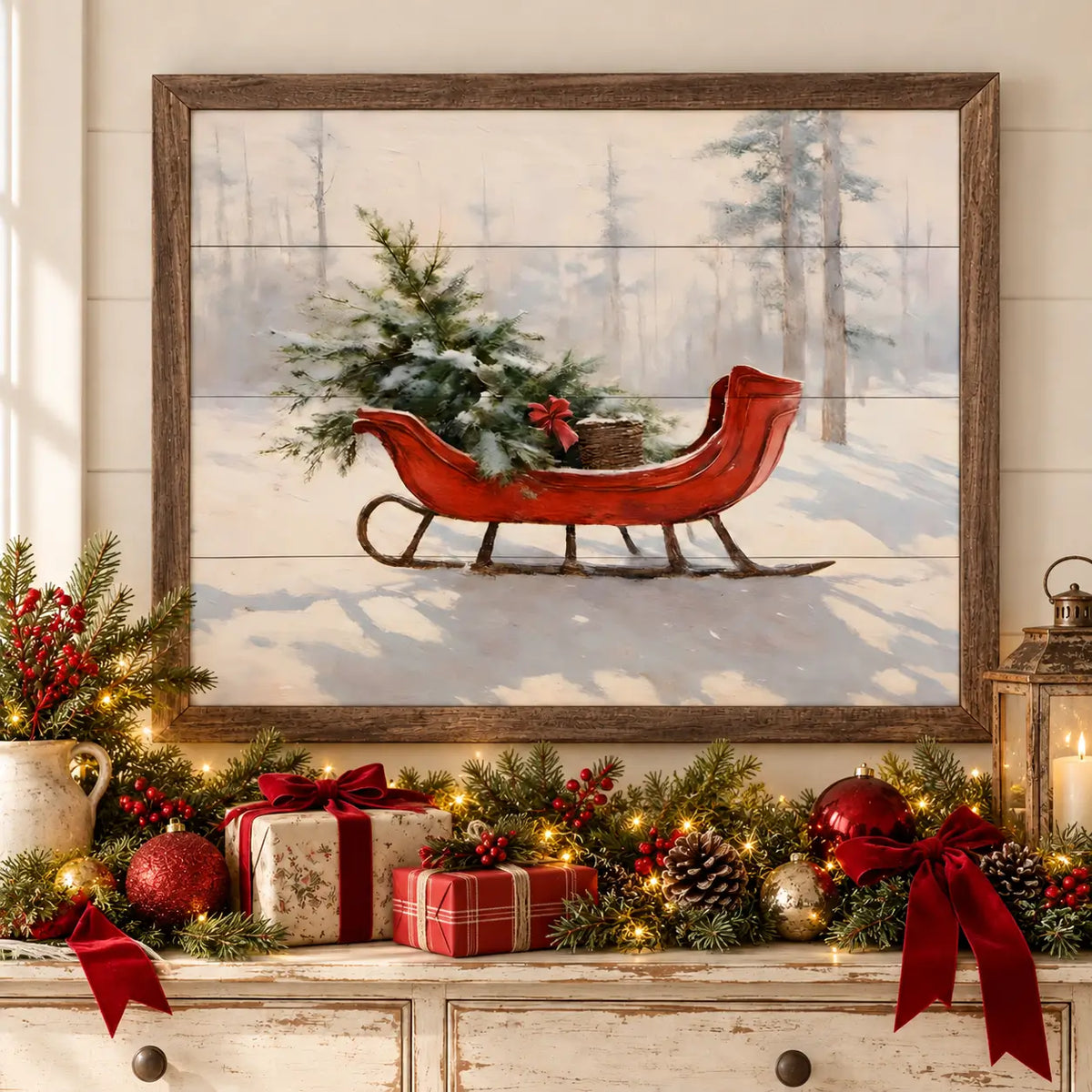 Beautiful Red Sleigh Wood Framed Print