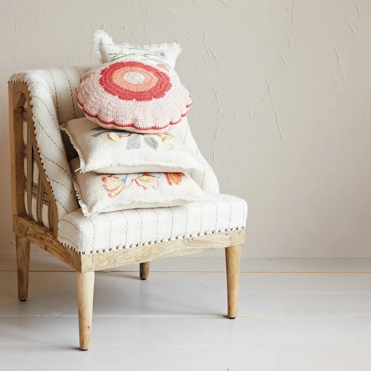 Floral Embroidered Cotton Slub Pillow