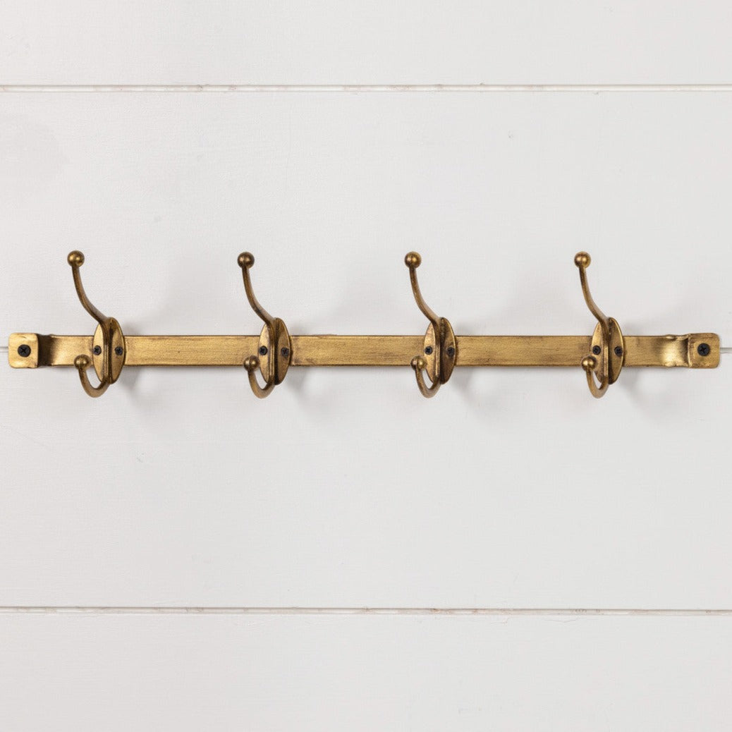 Antique Farmhouse Metal 4 Hook Wall Rack in Gold