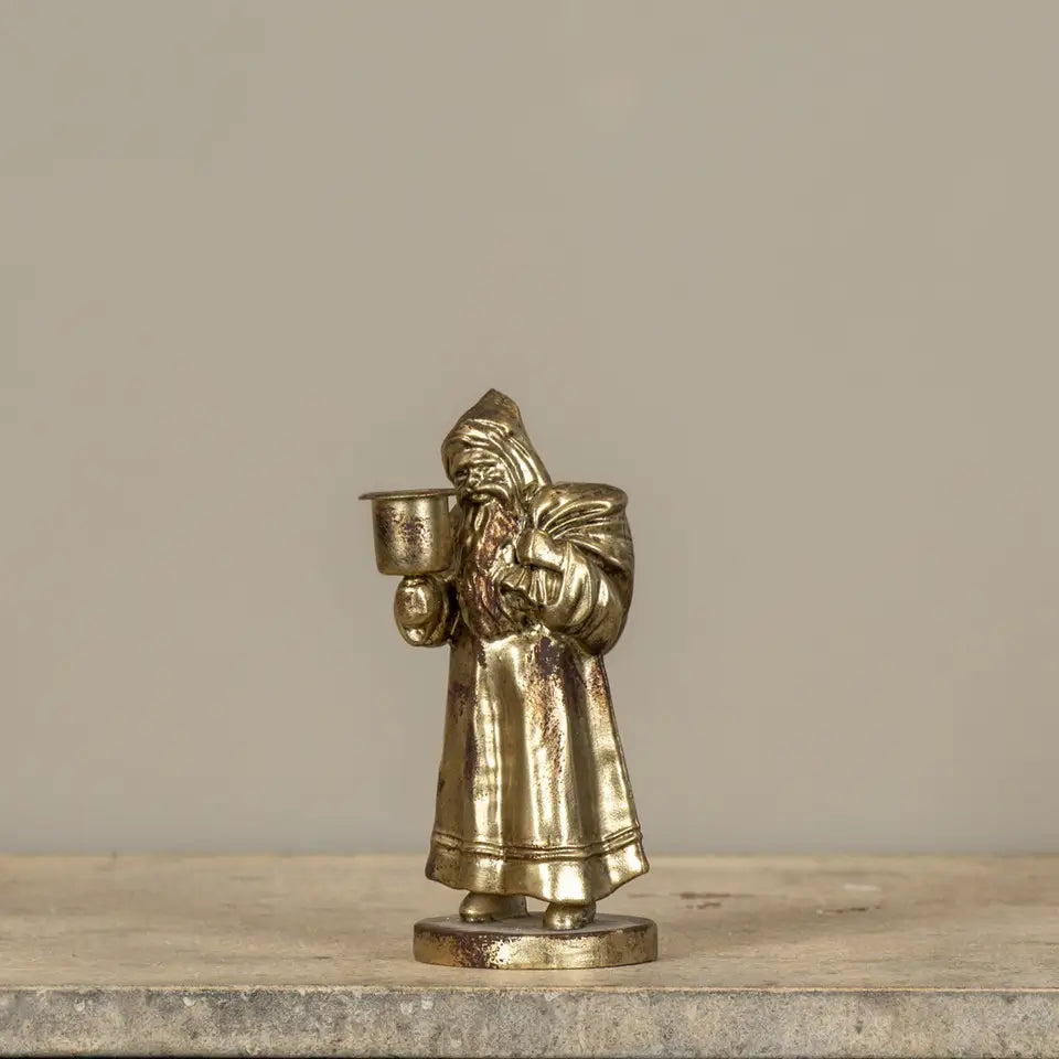 Gold Traveling Santa Taper Candle Holder