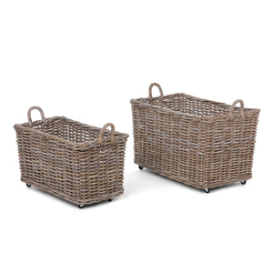 Rattan Woven Storage Basket with Casters Set