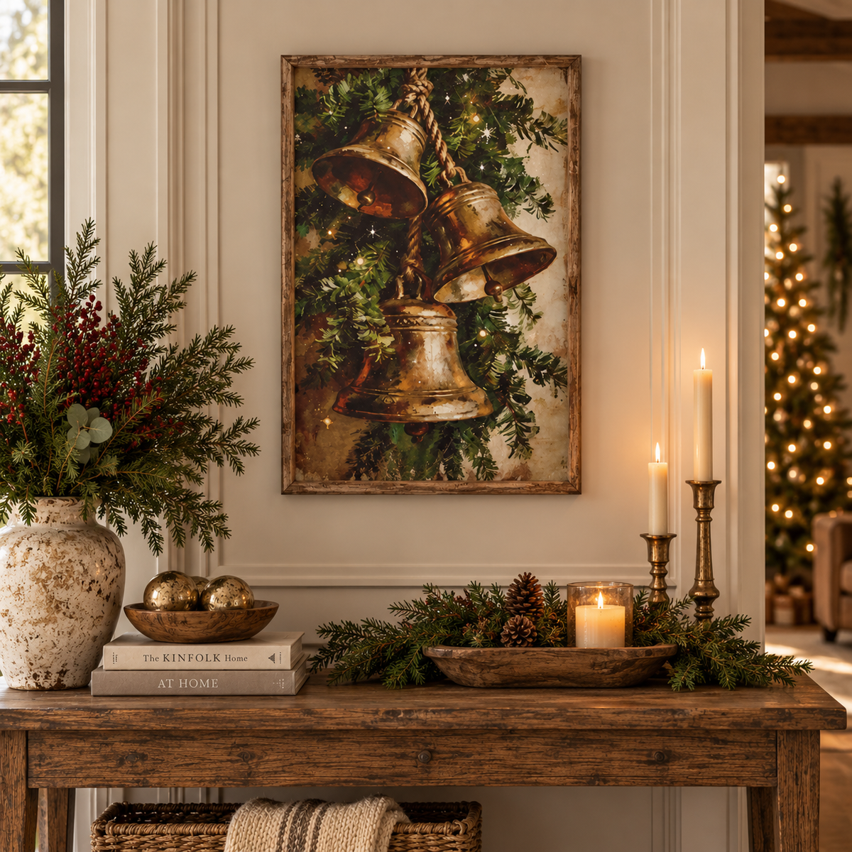Evergreen Christmas Bells Wood Framed Print