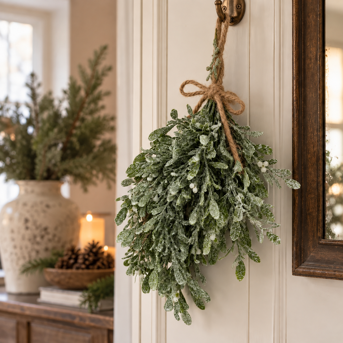 Frosted Mistletoe Hanging Bush
