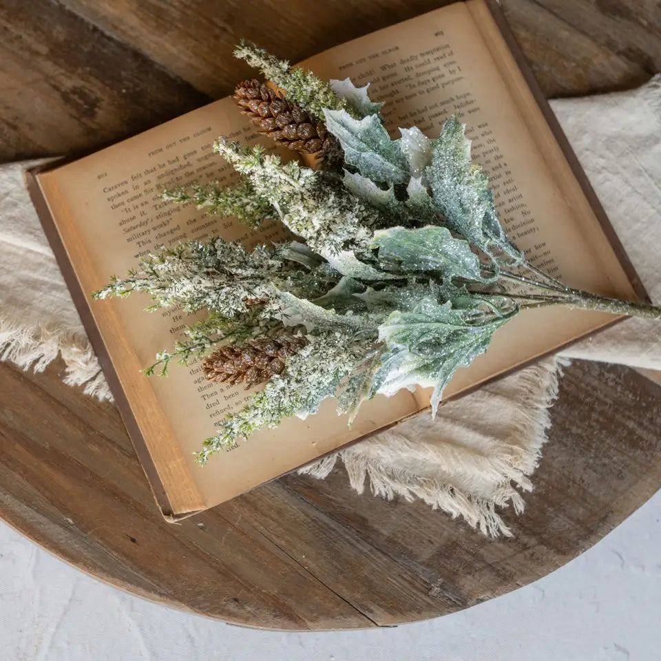 Frosted Holly & Pinecones Pick