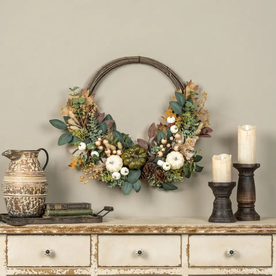 Pumpkin, Eucalyptus & Pinecones Twig Wreath