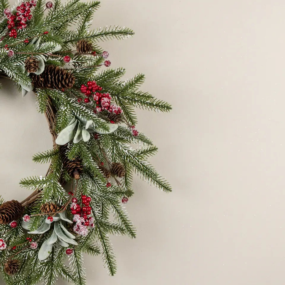 Snowy Pine, Lamb's Ear & Red Berry Wreath