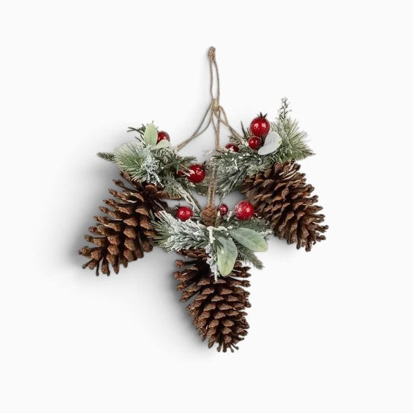 Snow Covered Pine, Lamb's Ear & Red Berry Pinecone Cluster