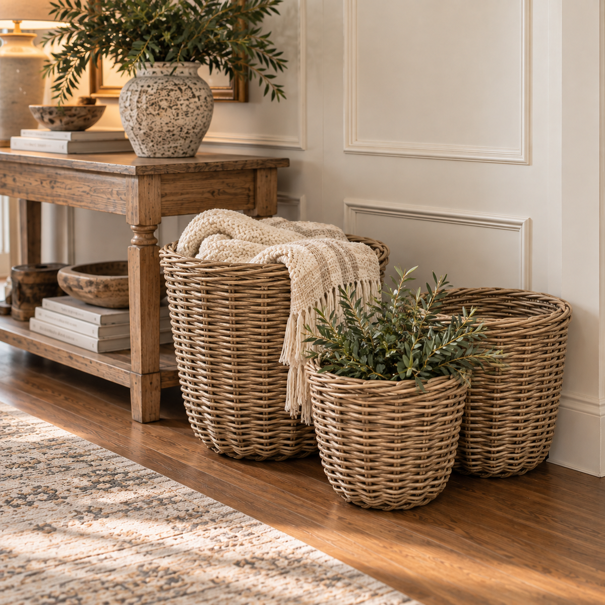 Grey Round Rattan Basket Set