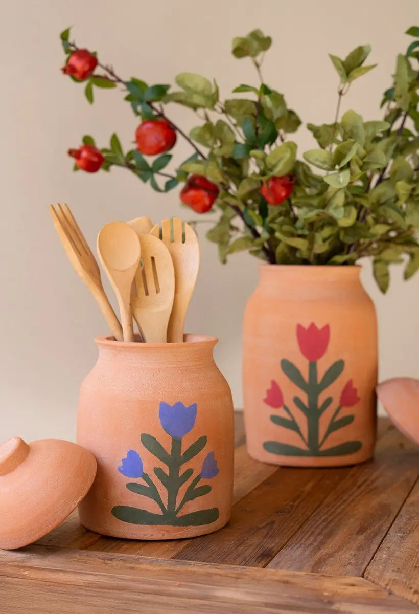 Painted Flower Clay Canister Set