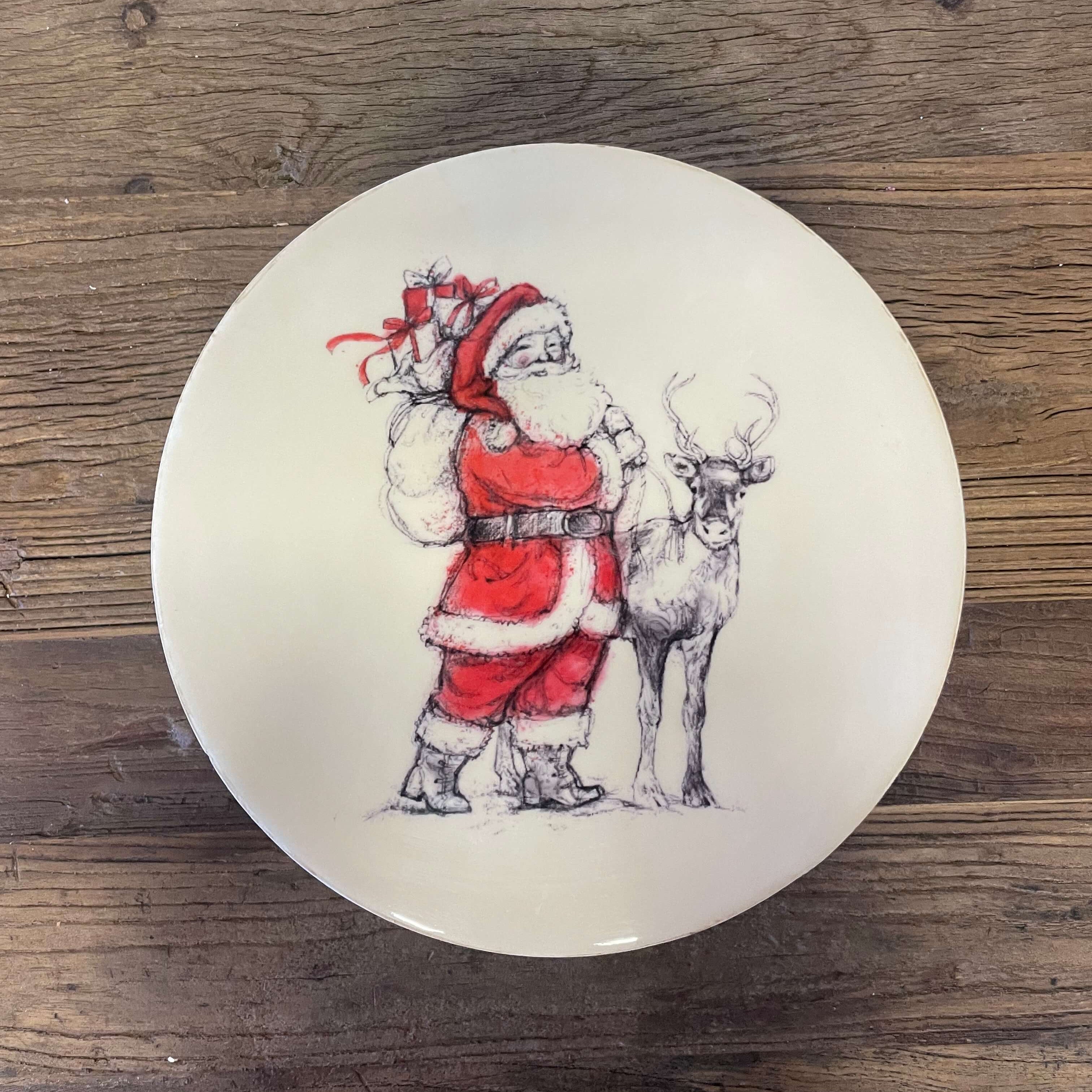 Santa & Reindeer Enameled Wood Pedestal