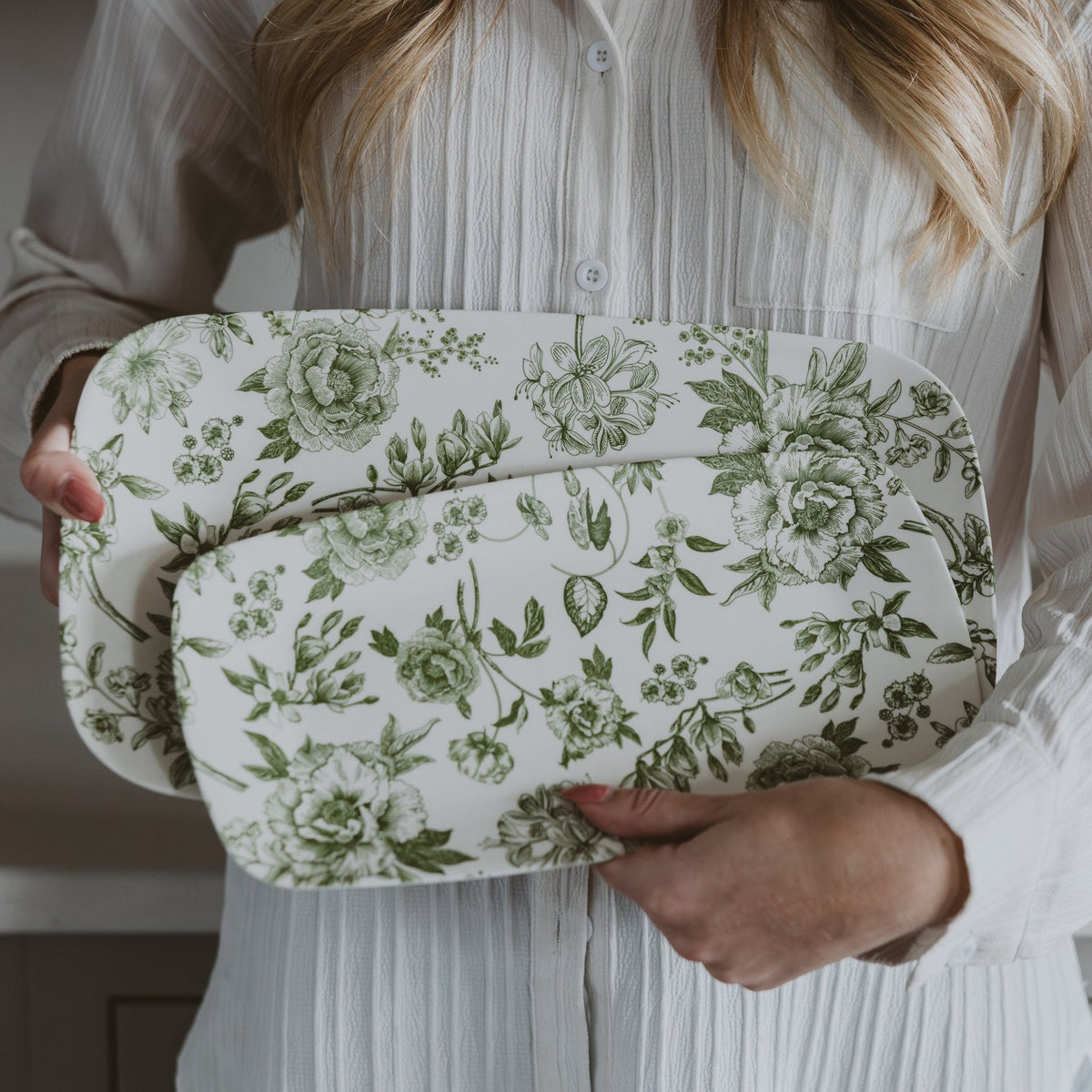 Green Delft Stacking Melamine Tray Set