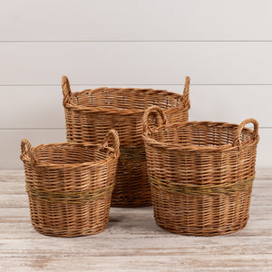 Woven Basket With Green Stripe Set