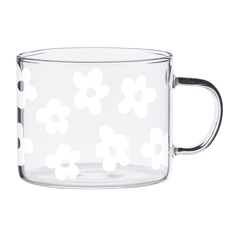 White Flowers Glass Mug Set