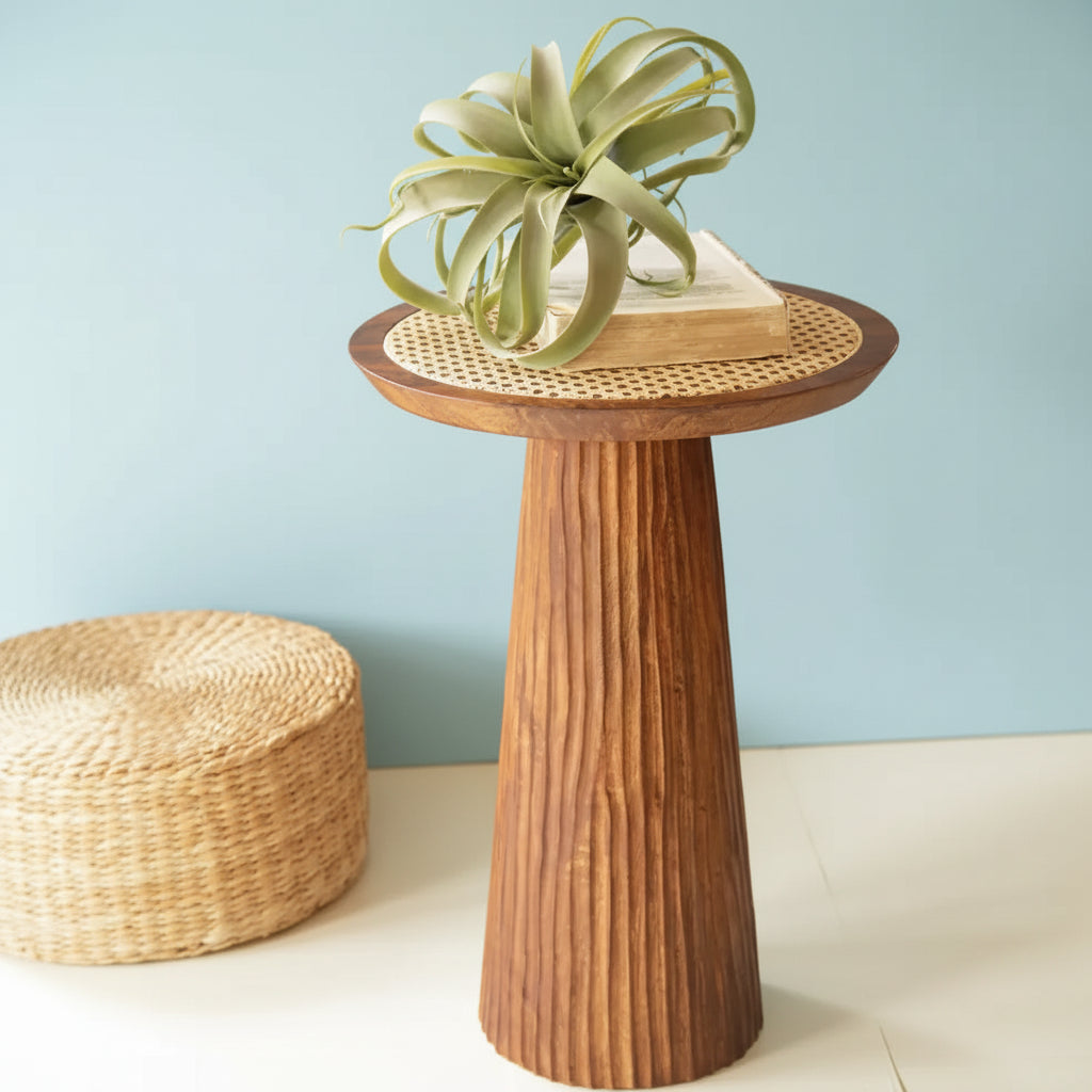 Round Wooden & Cane Top Side Table