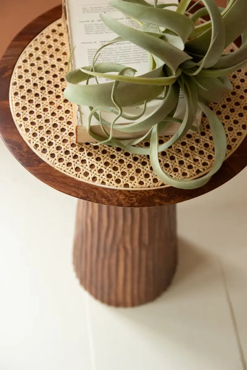 Round Wooden & Cane Top Side Table