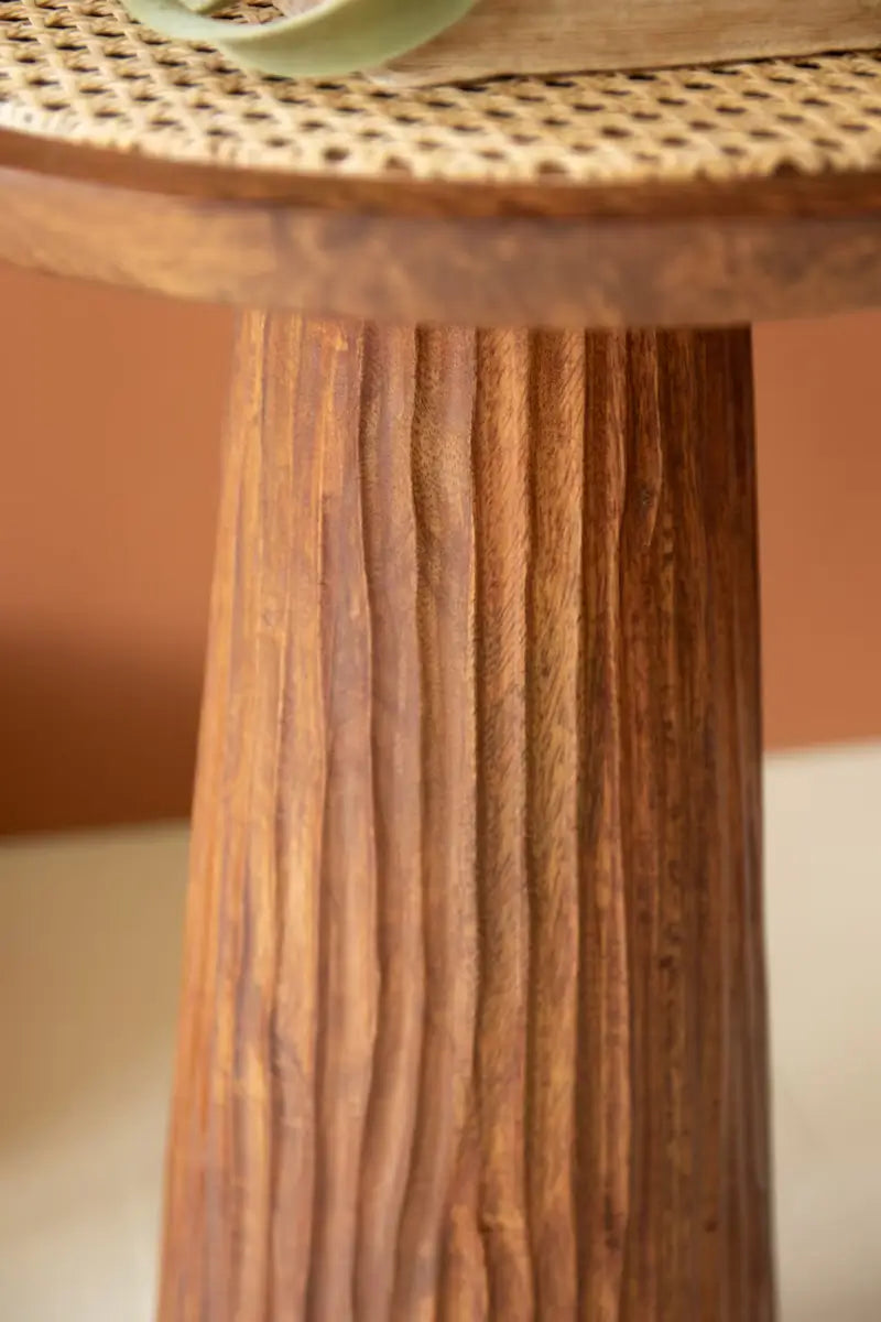 Round Wooden & Cane Top Side Table