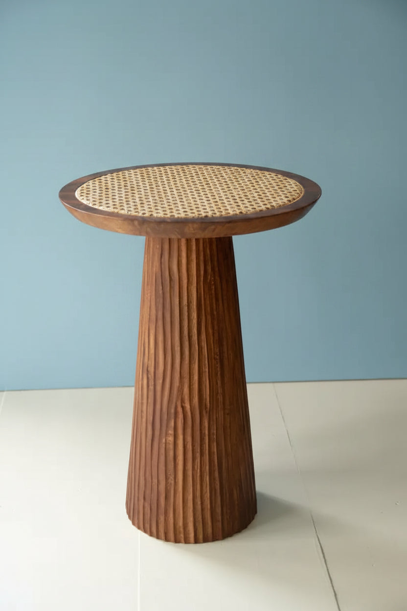 Round Wooden & Cane Top Side Table