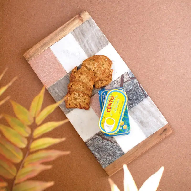 Square Marble & Wood Checkered Serving Board