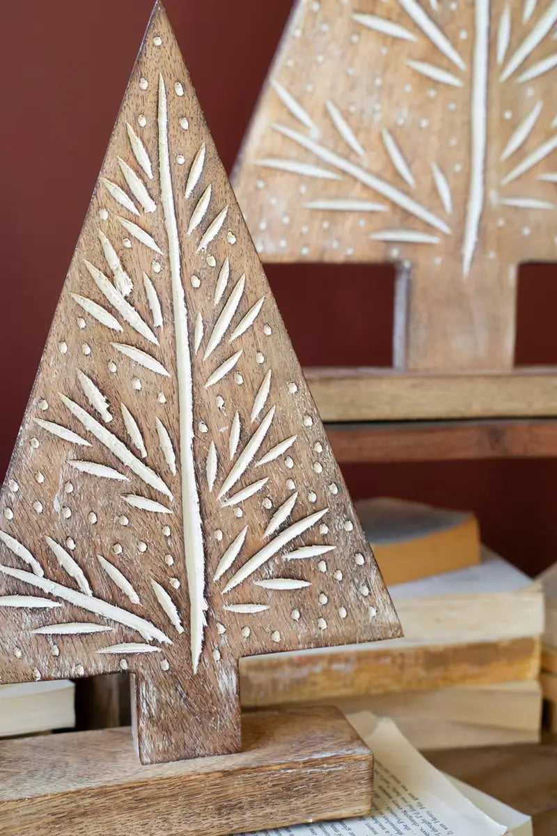 Carved Wood Christmas Tree On Stand Set