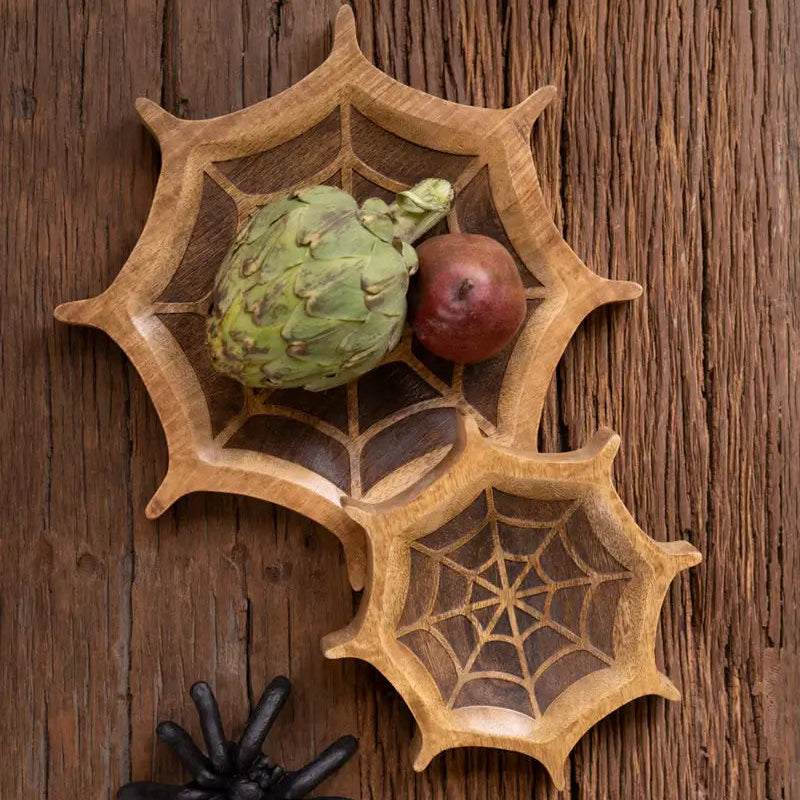 Carved Mango Wood Halloween Spider Web Bowl Set