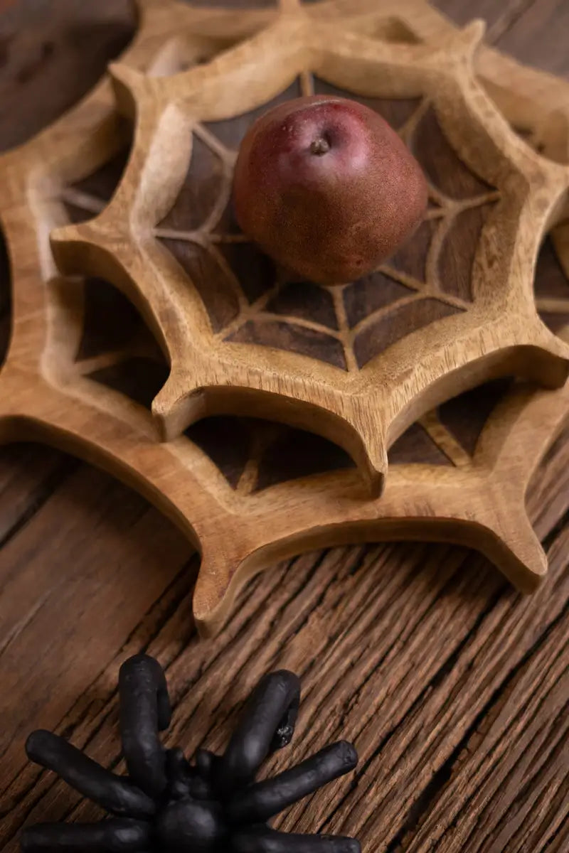 Carved Mango Wood Halloween Spider Web Bowl Set