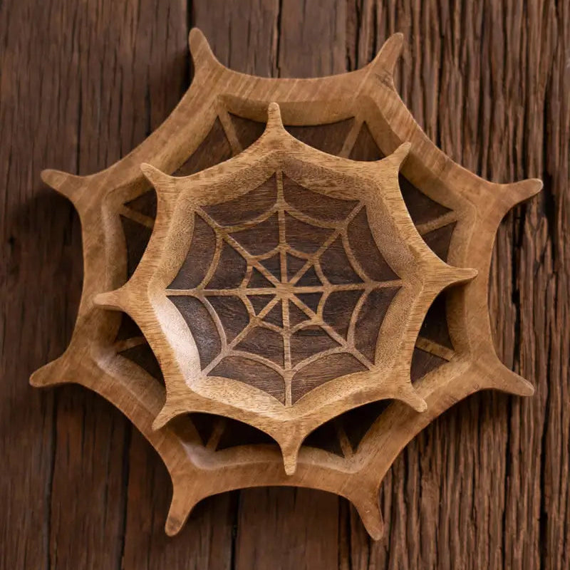 Carved Mango Wood Halloween Spider Web Bowl Set
