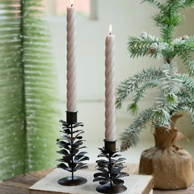 Antique Brown Metal Pine Cone Taper Holder Set