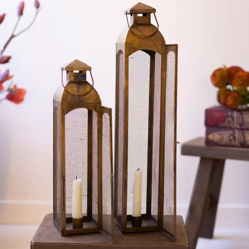 Antique Brass Taper Candle Lantern Set
