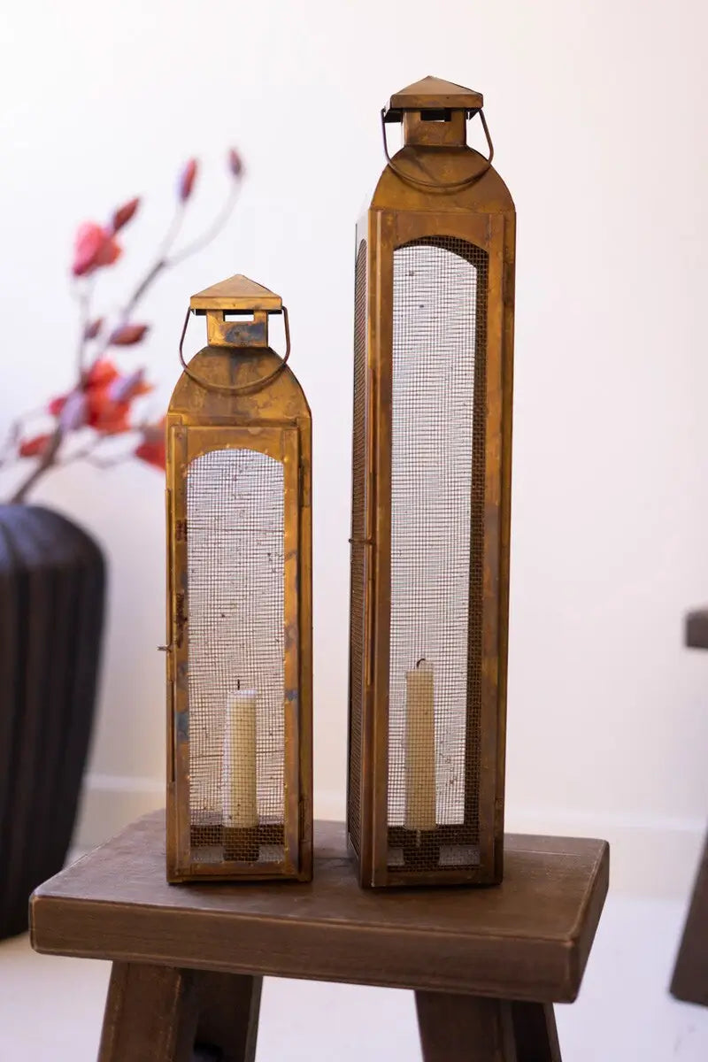 Antique Brass Taper Candle Lantern Set