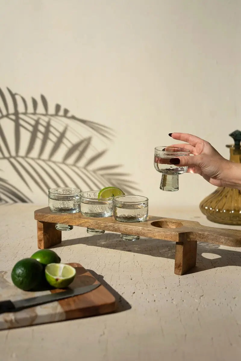 Four Tequila Flight Glasses & Wooden Tray