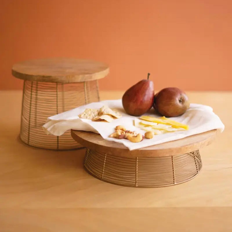 Round Mango Wood & Antique Gold Wire Riser Set