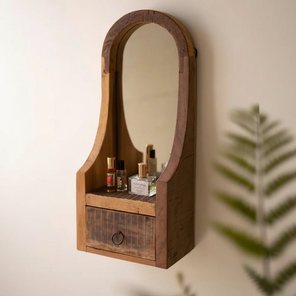 Arched Recycled Wood Framed Drawer Mirror