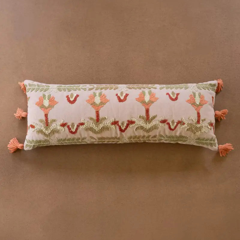 Embroidered Lumbar Pillow With Tassels