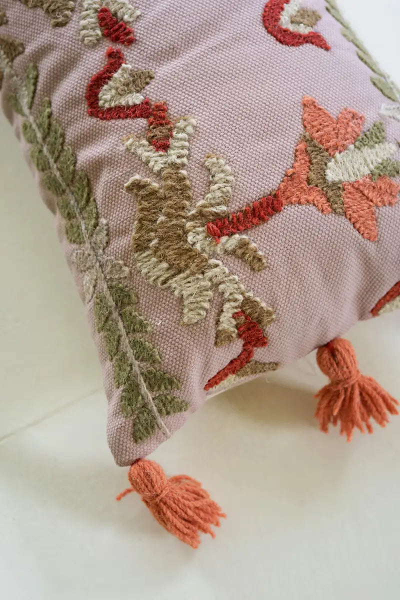 Embroidered Lumbar Pillow With Tassels