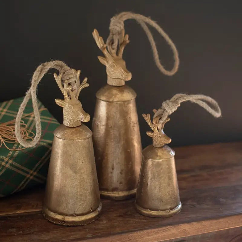 Antique Gold Deer Finial Christmas Bell Set