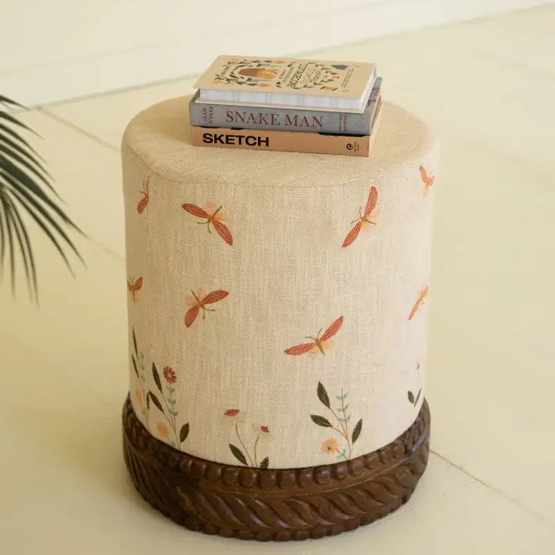 Embroidered Dragonflies Ottoman With Carved Wood Base